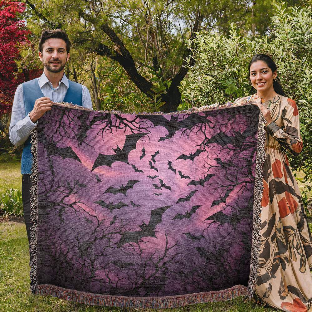 Spooky Bat Bliss: Enchanting Purple Woven Blanket for Halloween Decor