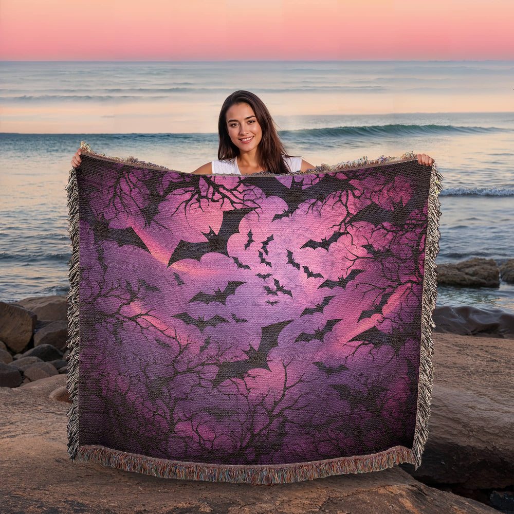 Spooky Bat Bliss: Enchanting Purple Woven Blanket for Halloween Decor