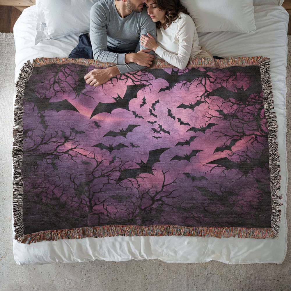 Spooky Bat Bliss: Enchanting Purple Woven Blanket for Halloween Decor