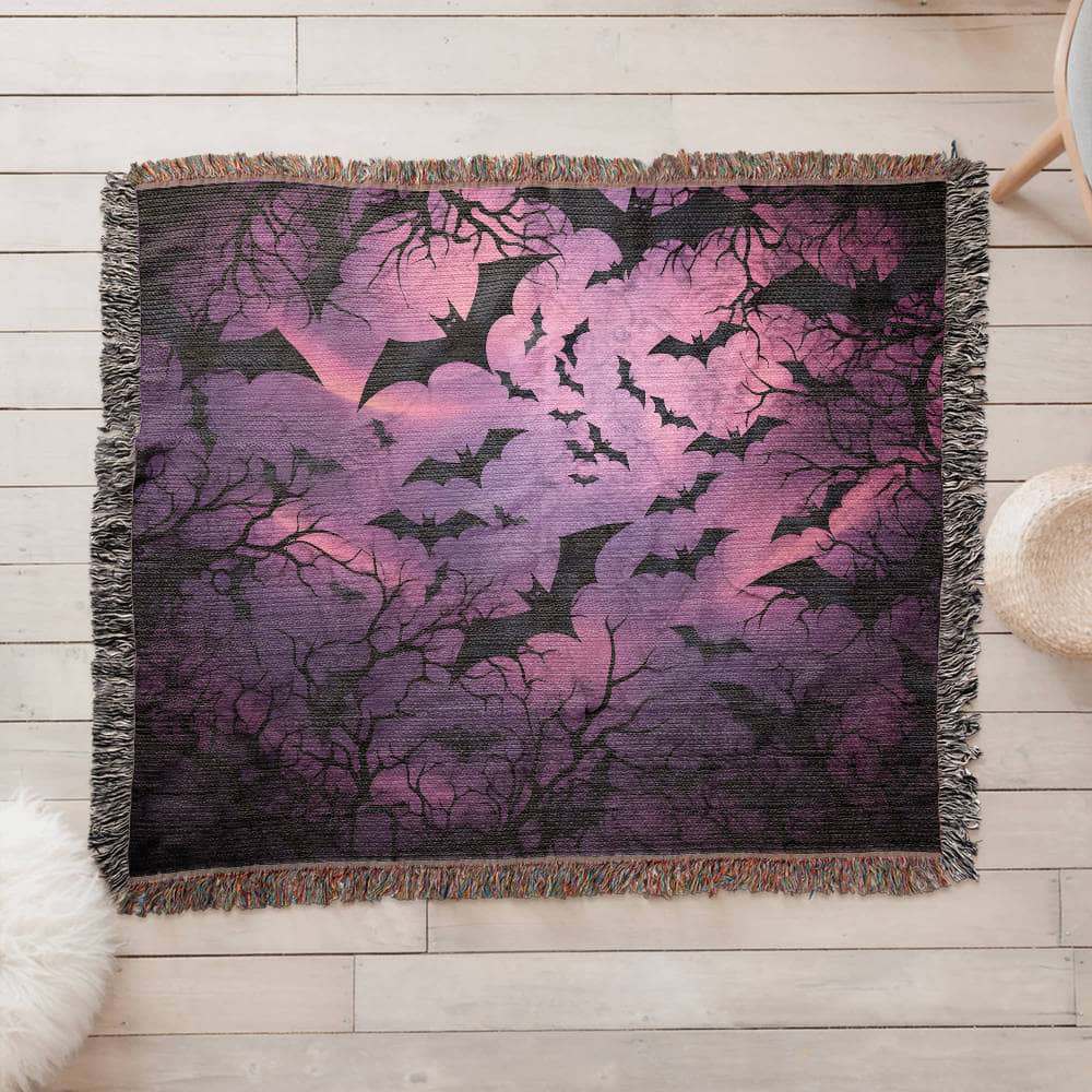 Spooky Bat Bliss: Enchanting Purple Woven Blanket for Halloween Decor