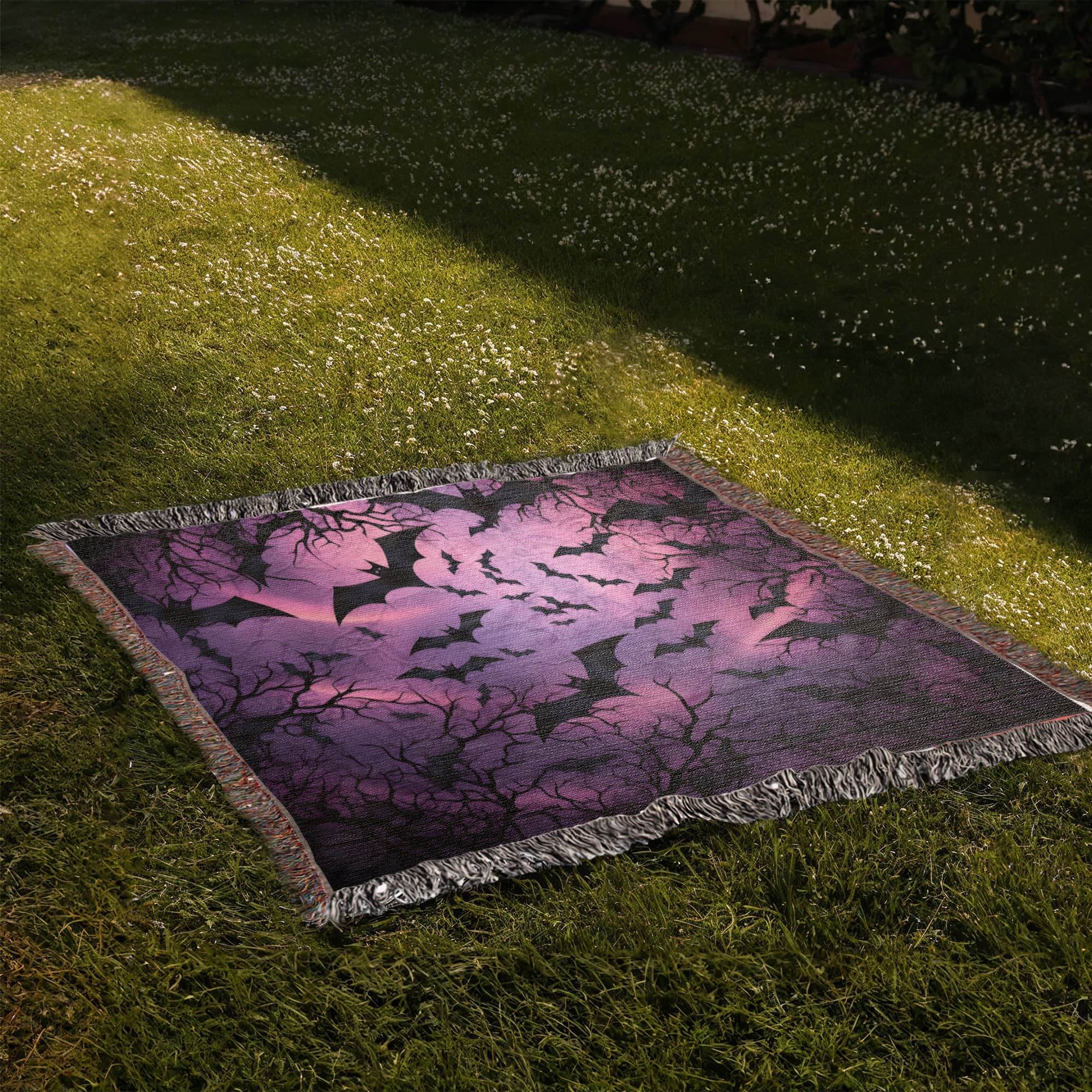 Spooky Bat Bliss: Enchanting Purple Woven Blanket for Halloween Decor