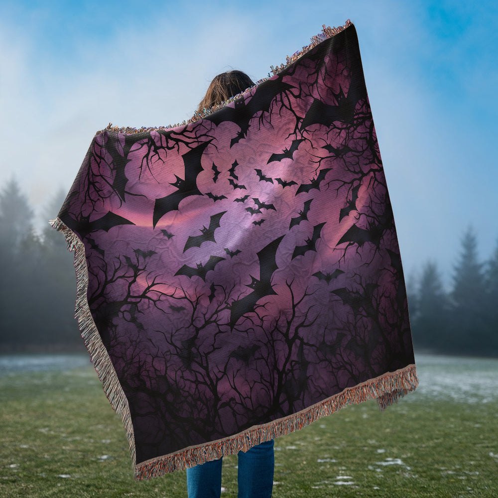 Spooky Bat Bliss: Enchanting Purple Woven Blanket for Halloween Decor