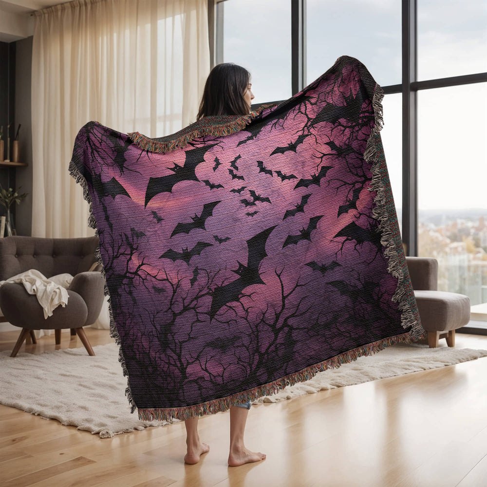 Spooky Bat Bliss: Enchanting Purple Woven Blanket for Halloween Decor