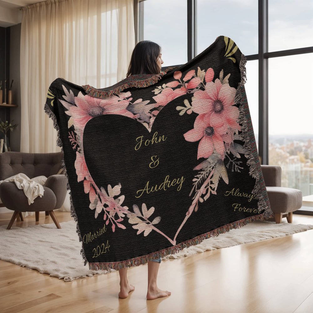 Forever Yours Custom Heart Woven Blanket with Names & Marriage Year