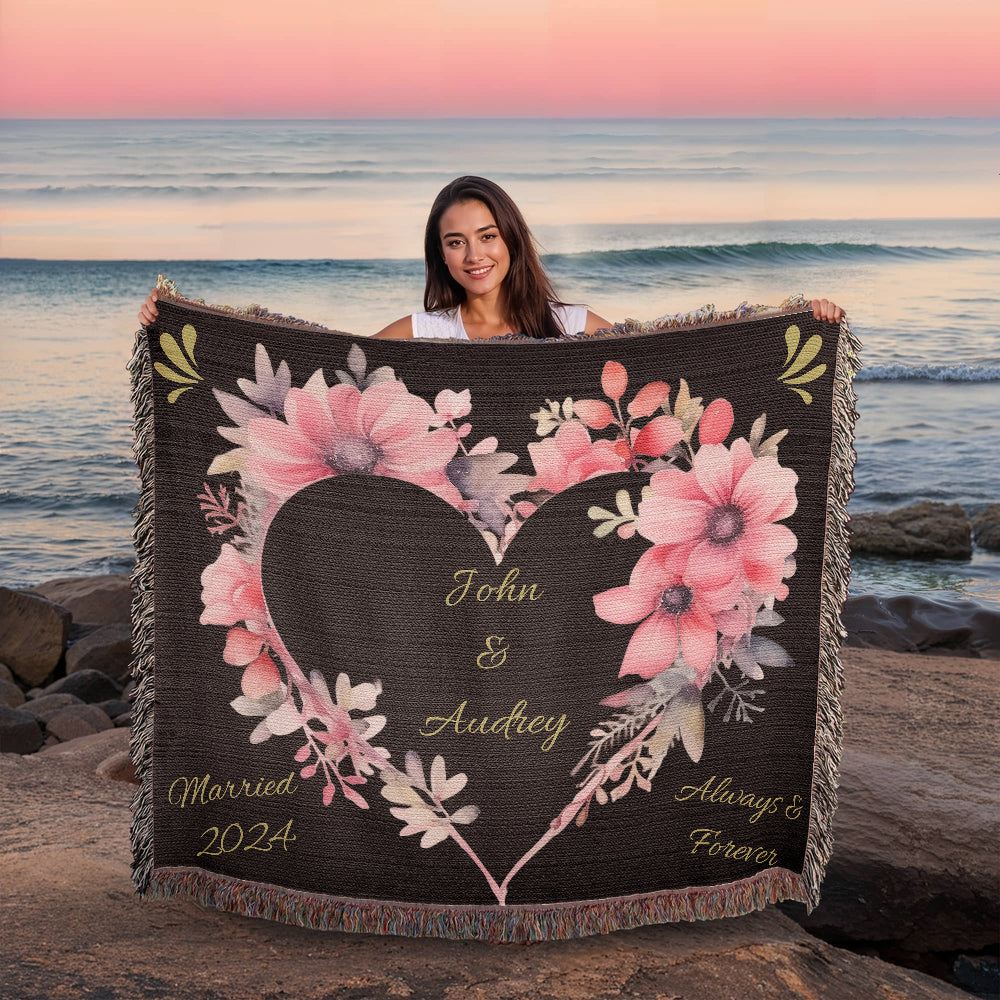 Forever Yours Custom Heart Woven Blanket with Names & Marriage Year