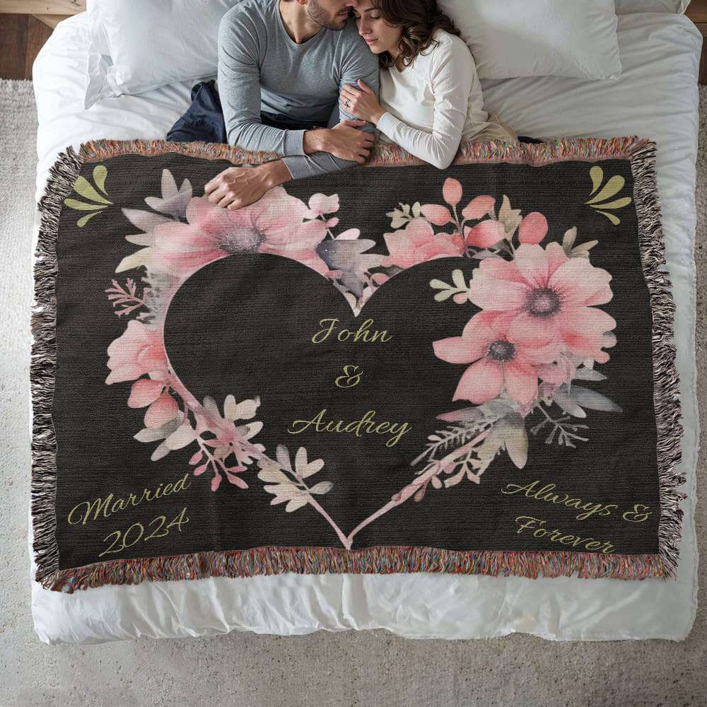 Forever Yours Custom Heart Woven Blanket with Names & Marriage Year