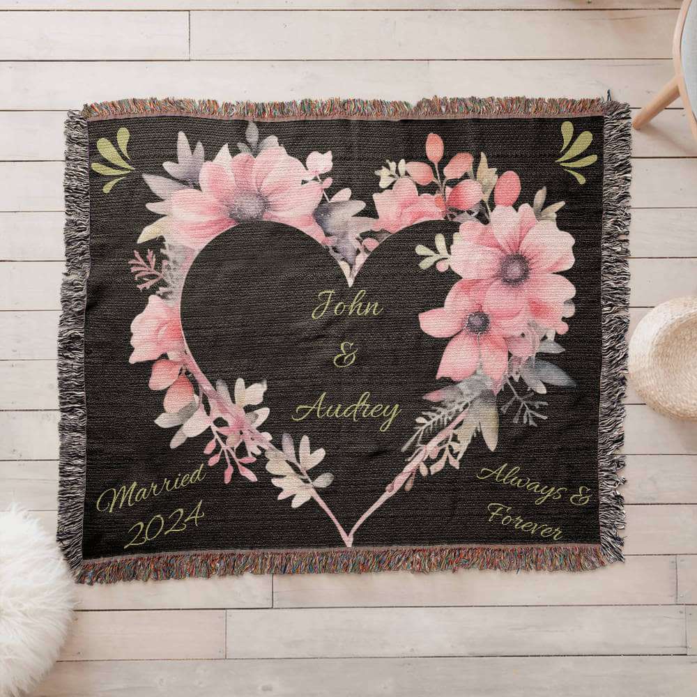 Forever Yours Custom Heart Woven Blanket with Names & Marriage Year