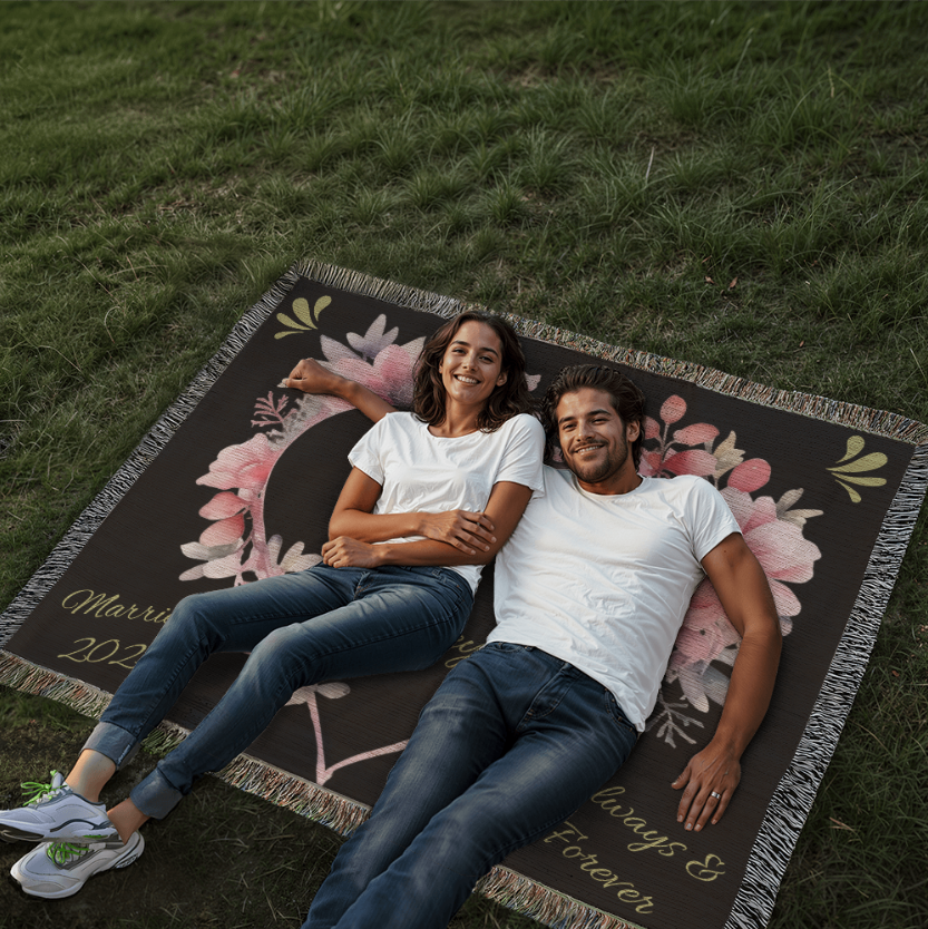 Forever Yours Custom Heart Woven Blanket with Names & Marriage Year