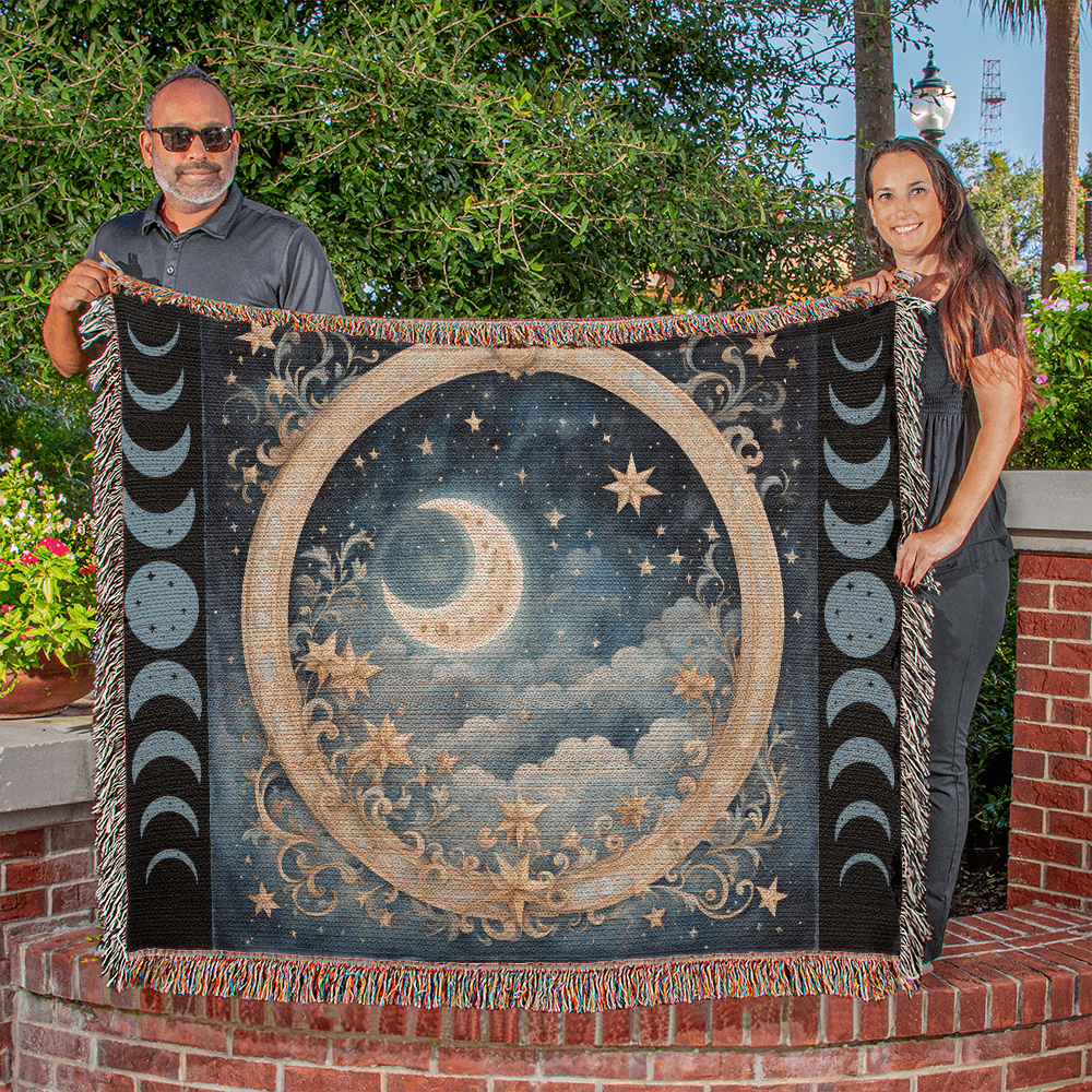 Celestial Moon Phases Woven Blanket – Wrap Yourself in Cosmic Comfort