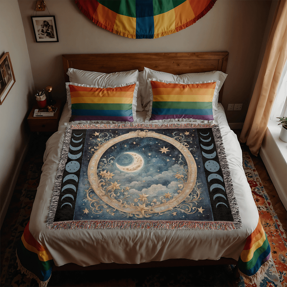 Celestial Moon Phases Woven Blanket – Wrap Yourself in Cosmic Comfort