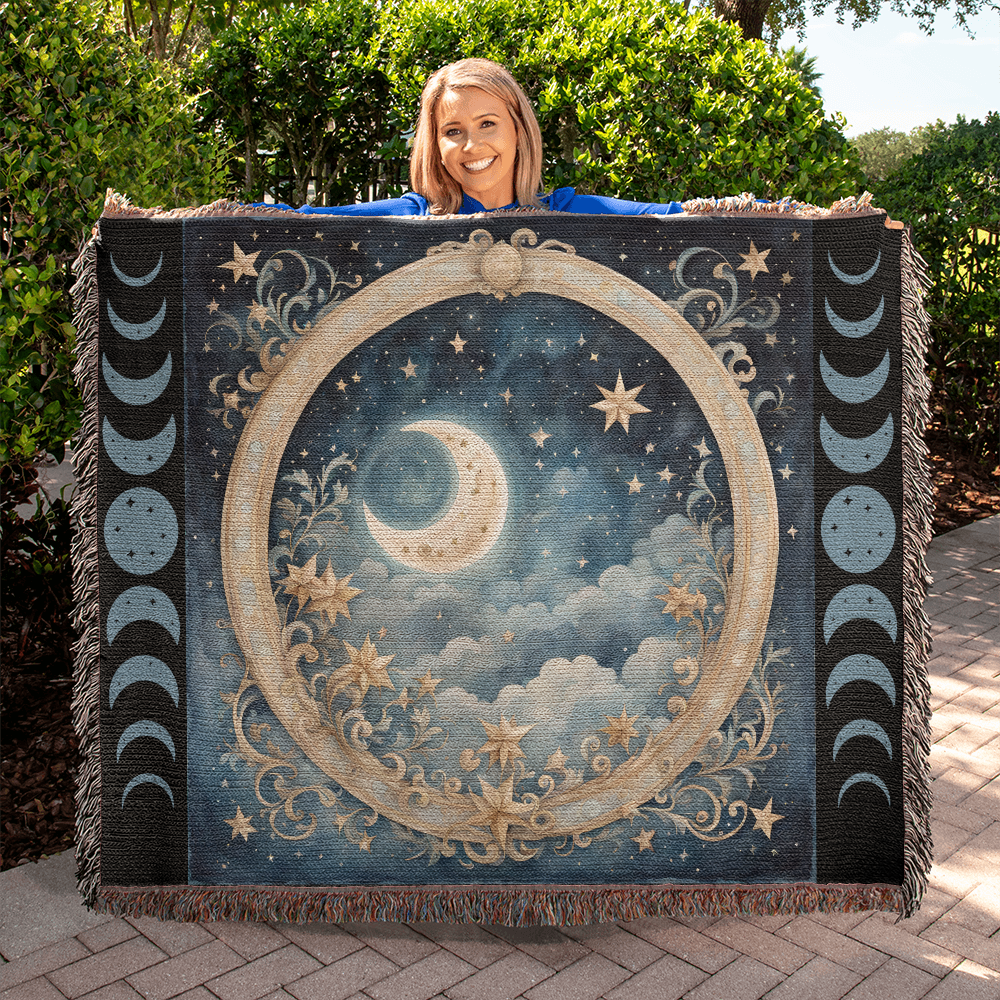 Celestial Moon Phases Woven Blanket – Wrap Yourself in Cosmic Comfort