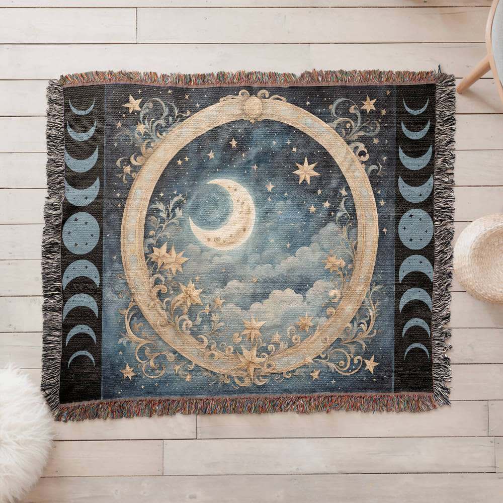 Celestial Moon Phases Woven Blanket – Wrap Yourself in Cosmic Comfort