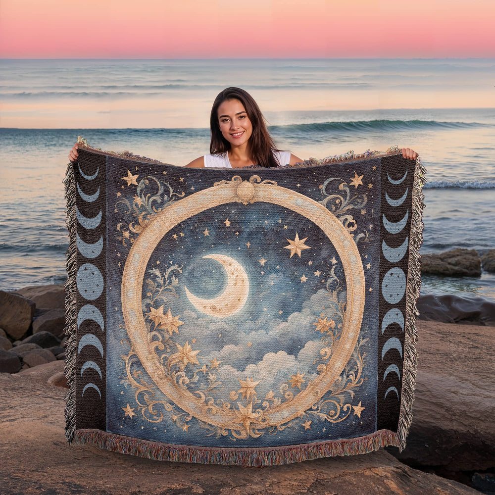 Celestial Moon Phases Woven Blanket – Wrap Yourself in Cosmic Comfort