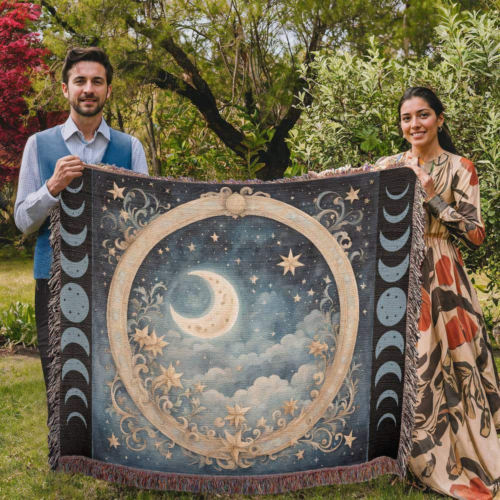 Celestial Moon Phases Woven Blanket – Wrap Yourself in Cosmic Comfort