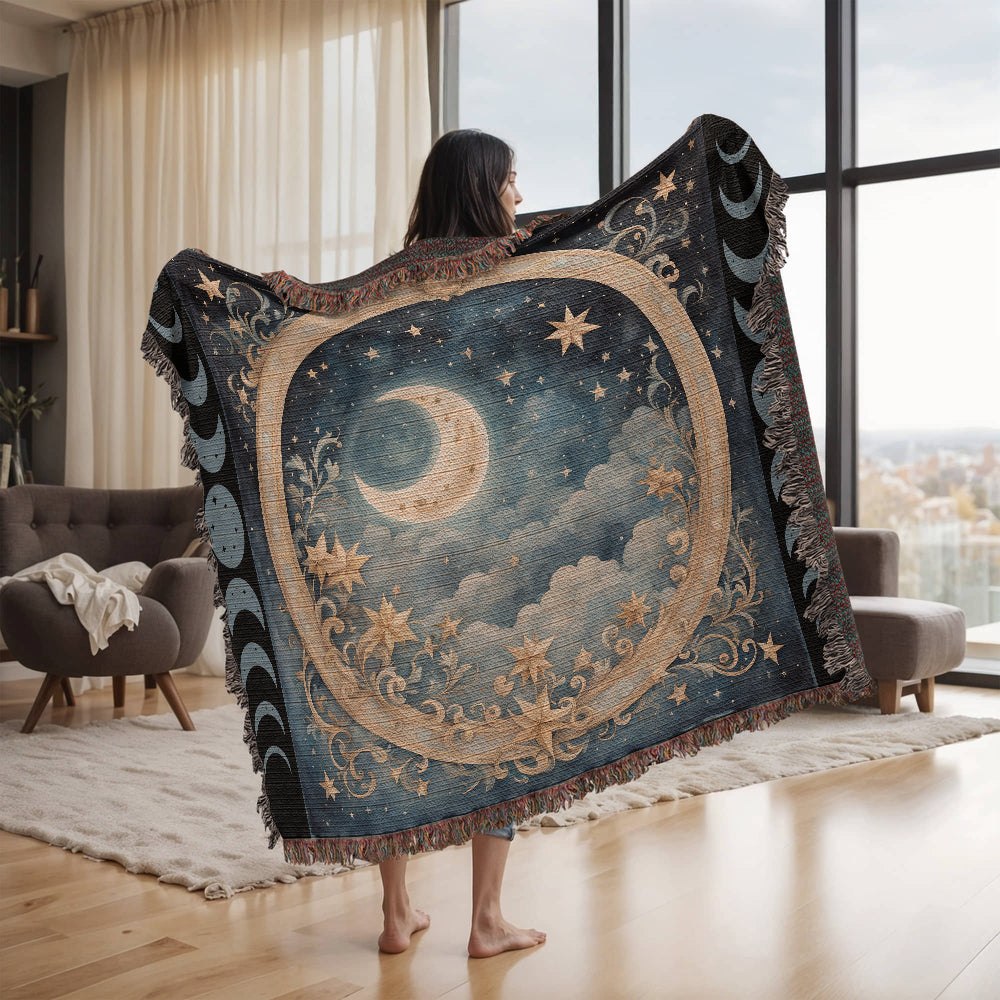 Celestial Moon Phases Woven Blanket – Wrap Yourself in Cosmic Comfort