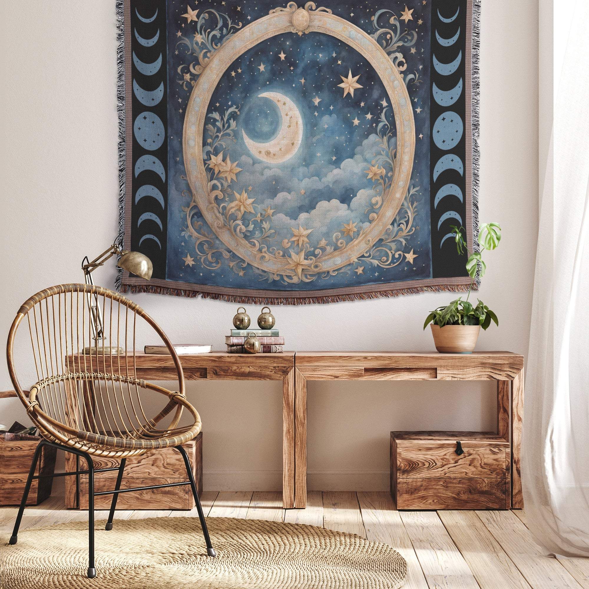 Celestial Moon Phases Woven Blanket – Wrap Yourself in Cosmic Comfort