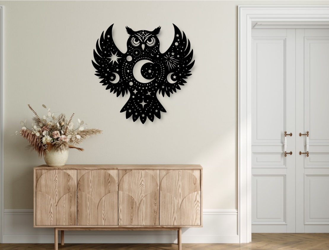 Black Celestial Owl Metal Wall Art – Majestic Wings of Wonder for Your Space