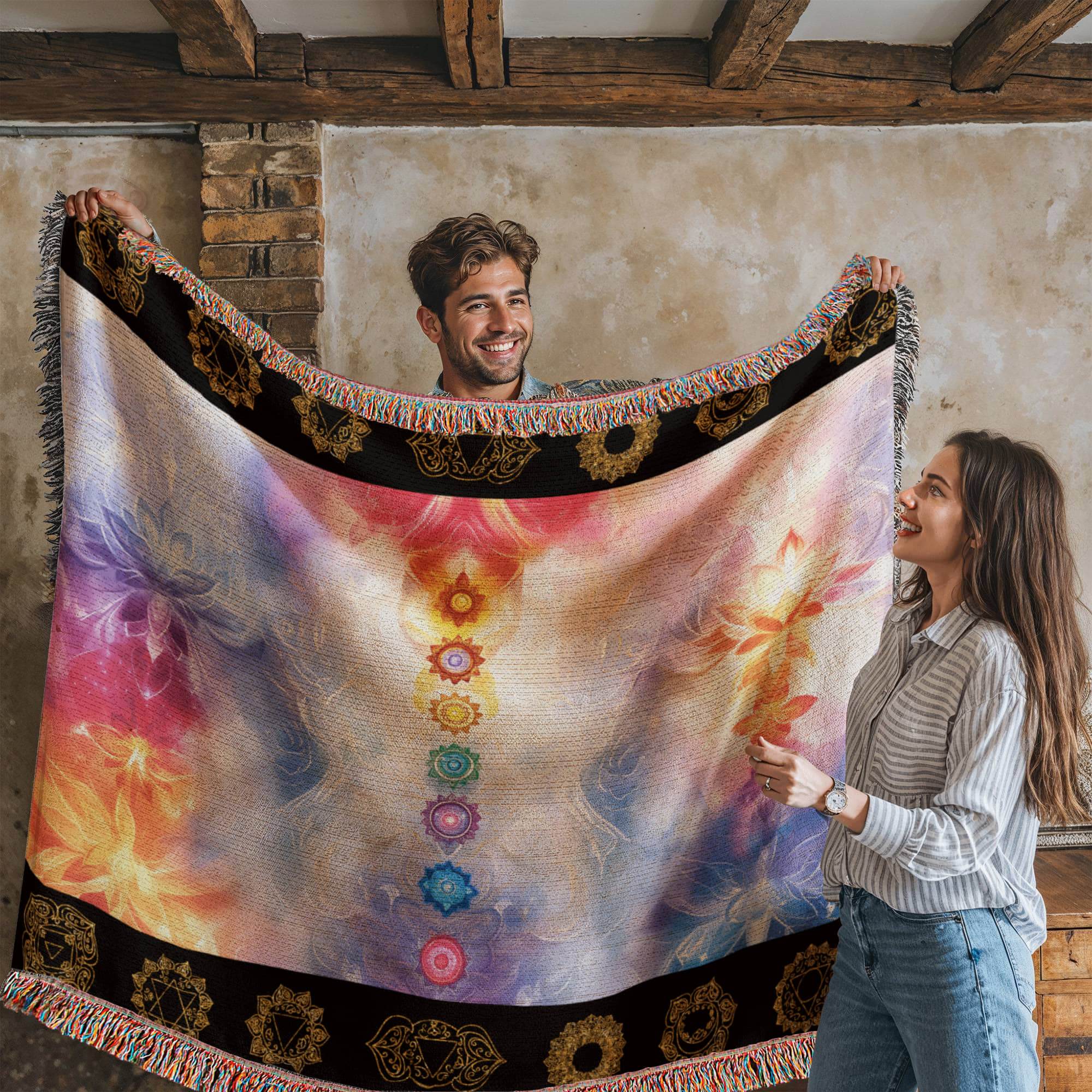 Pastel Chakra Serenity: Woven Blanket Spiritual Harmony and Balance