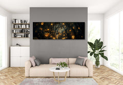 Haunted Forest Path: Ghostly Elegance and Glowing Pumpkin Art Print