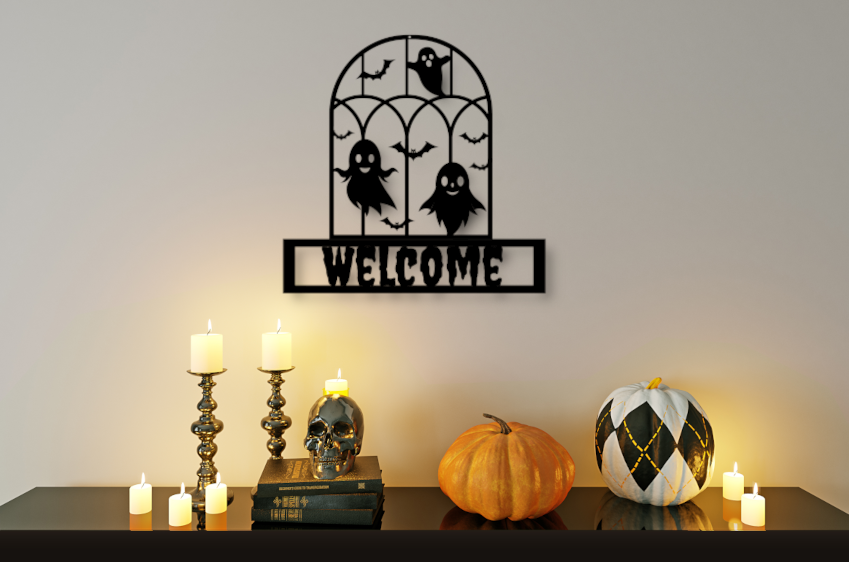 Black Spooky Welcome Metal Sign with Ghosts & Bats – Perfect Halloween Décor