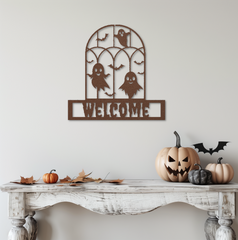 Copper Spooky Welcome Metal Sign with Ghosts & Bats – Perfect Halloween Décor