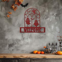 Red Spooky Welcome Metal Sign with Ghosts & Bats – Perfect Halloween Décor