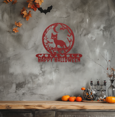 Red - Spooky Cat and Happy Halloween Metal Sign – Perfect Halloween Décor