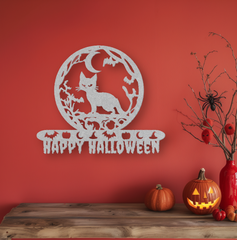 Silver - Spooky Cat and Happy Halloween Metal Sign – Perfect Halloween Décor