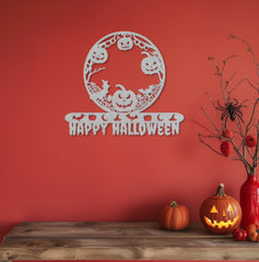 Silver - Spooky Pumpkin Wreath Metal Sign – Perfect Halloween Décor for Home