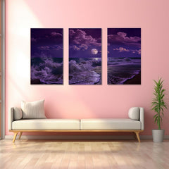 Purple Ocean Waves & Full Moon 3-Piece Canvas Set