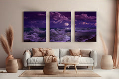 Purple Ocean Waves & Full Moon 3-Piece Canvas Set