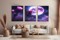 Pink Roses & Full Moon 3-Piece Canvas Set