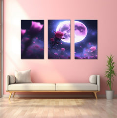 Pink Roses & Full Moon 3-Piece Canvas Set