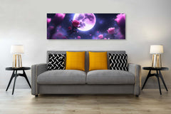 Pink Roses & Full Moon Panoramic Canvas