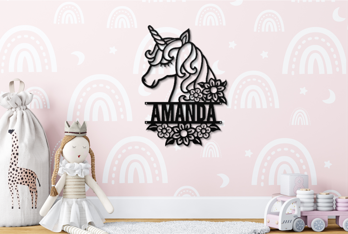 Black Personalized Unicorn Magic: Custom Metal Name Sign for Little Dreamers