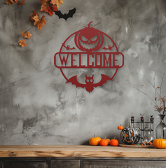 Spooky Pumpkin and Bat Welcome Sign – Halloween Metal Art Home Décor