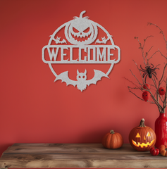 Spooky Pumpkin and Bat Welcome Sign – Halloween Metal Art Home Décor