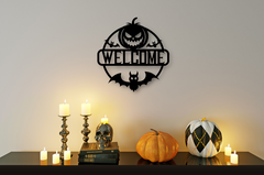 Spooky Pumpkin and Bat Welcome Sign – Halloween Metal Art Home Décor