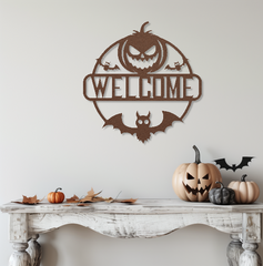 Spooky Pumpkin and Bat Welcome Sign – Halloween Metal Art Home Décor