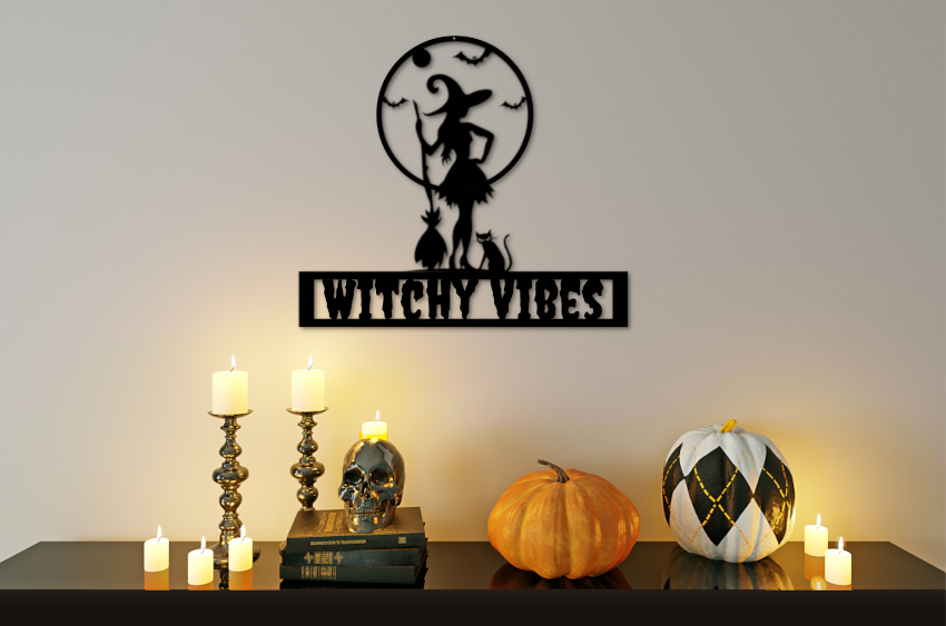 Black Enchanting Witchy Vibes Metal Sign – Perfect Spooky Year-Round Décor