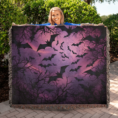 Spooky Bat Bliss: Enchanting Purple Woven Blanket for Halloween Decor