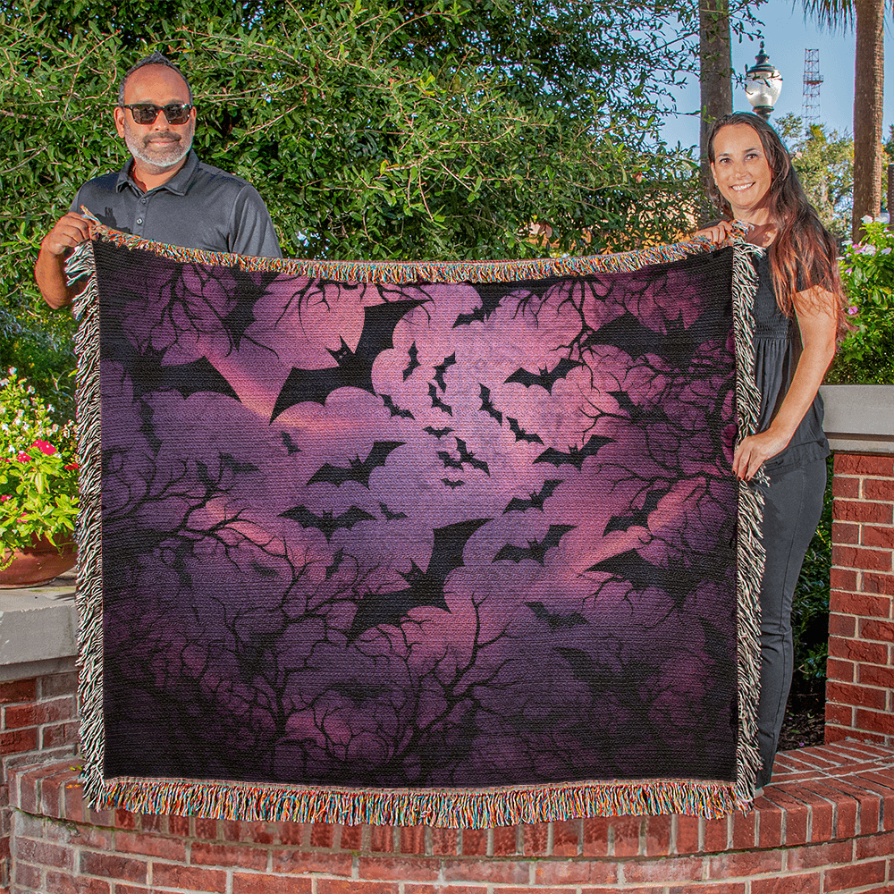 Spooky Bat Bliss: Enchanting Purple Woven Blanket for Halloween Decor