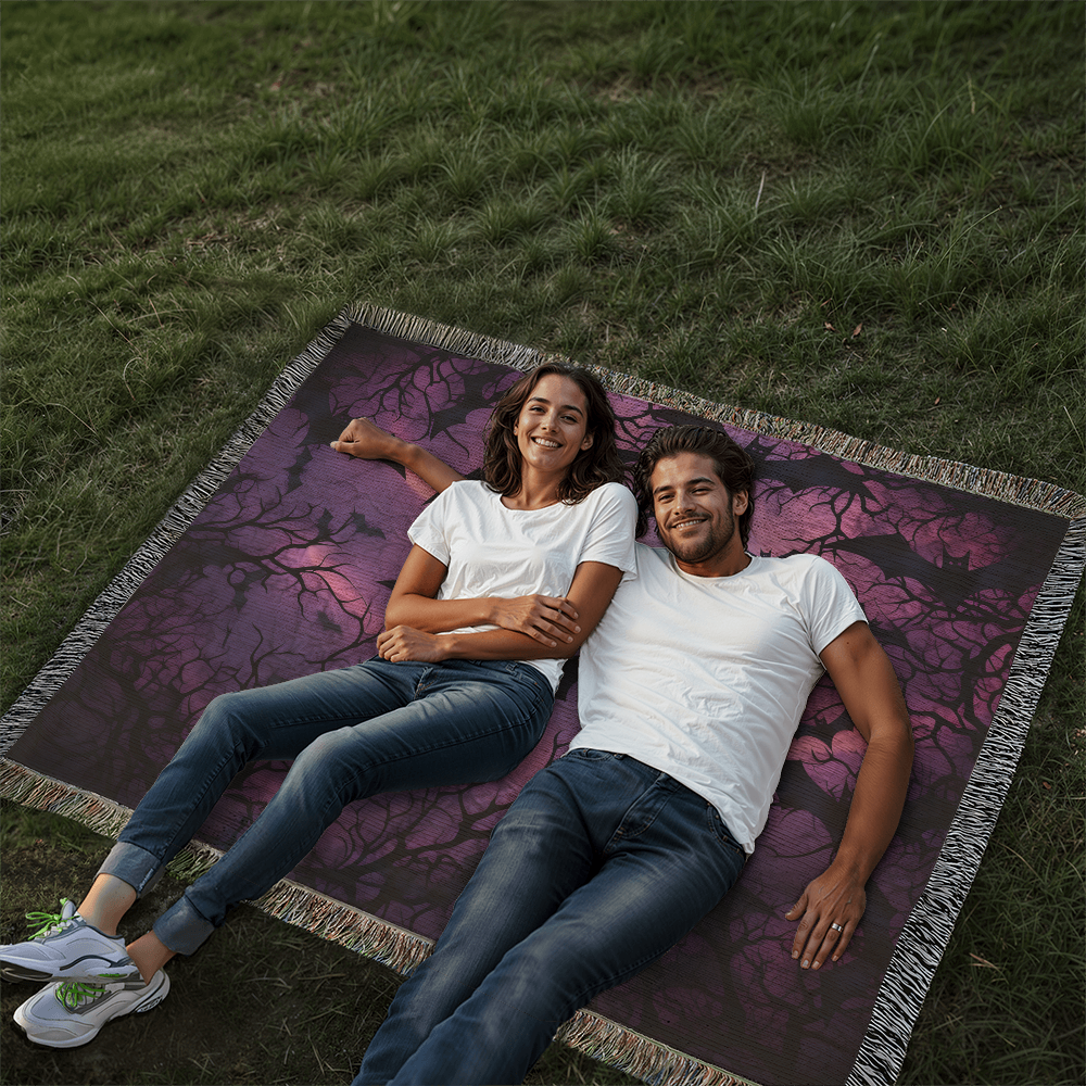 Spooky Bat Bliss: Enchanting Purple Woven Blanket for Halloween Decor