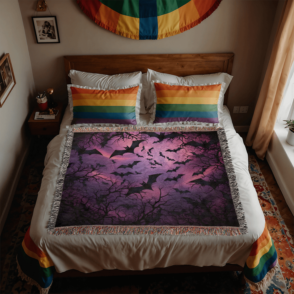 Spooky Bat Bliss: Enchanting Purple Woven Blanket for Halloween Decor